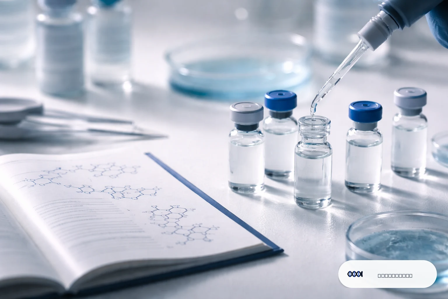 Laboratory setup showing peptide vials and pipettes next to a scientific guide