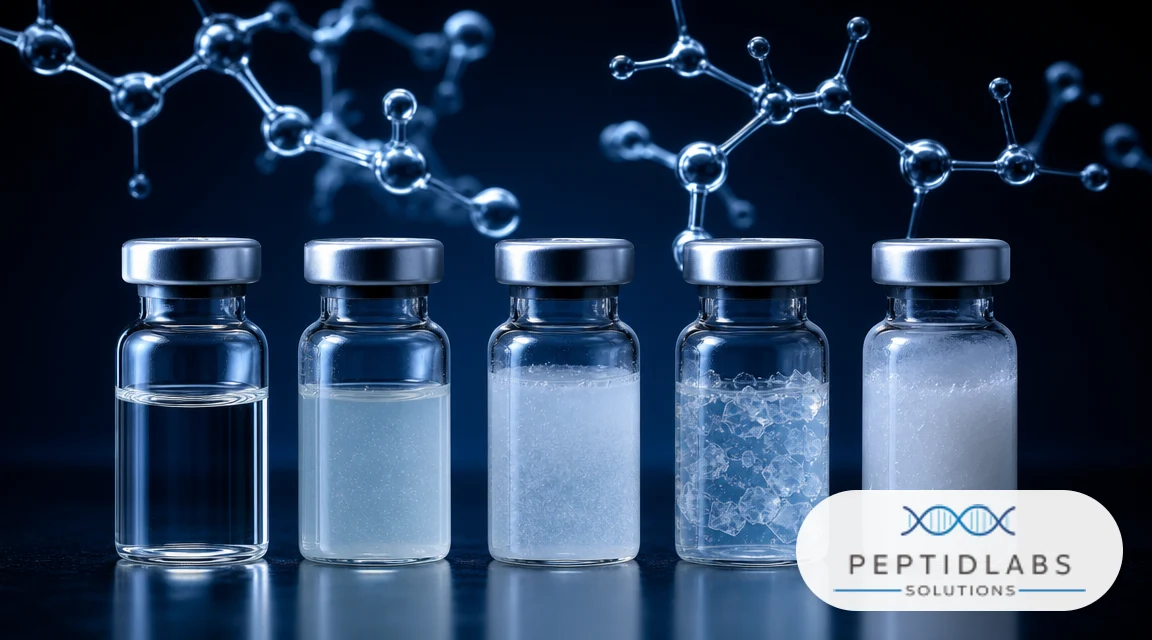 Comparison chart showing five different stages of peptide reconstitution from completely clear to highly turbid and gelled