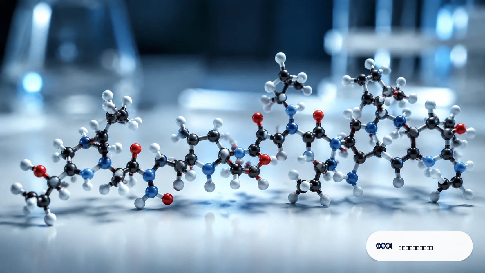 3D molecular structure of the BPC-157 pentadecapeptide on a dark laboratory background